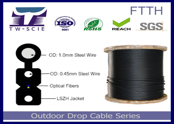 1-4 καλώδιο πτώσης πυρήνων FTTH FRP/καλυμμένο επίπεδο οπτικό καλώδιο μελών δύναμης χάλυβα